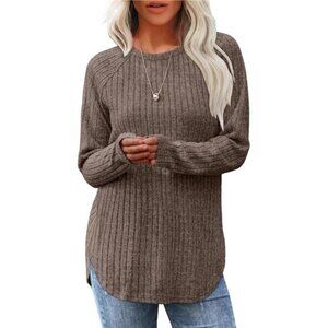 Curved Hem Tunic Top - Loose Fit Long Sleeve Pullover for Fall